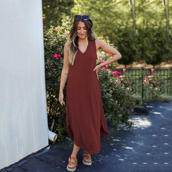 

summer womens solid color casual dress v neck sleeveless swing long, Black;gray