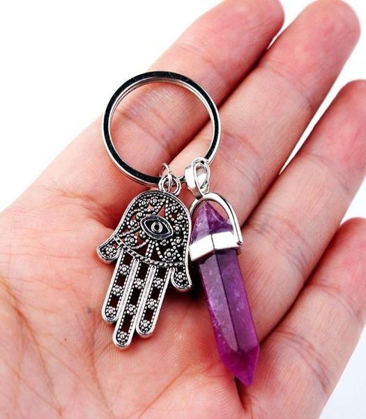 

1 pc fashion natural stone pendant keychain natural quartz stone evil eye fatima pink crystal key chains accessorie jewelry gift5187594, Silver