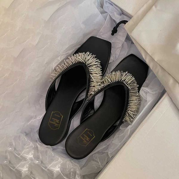 

small fringe beaded herringbone slippers for women wearing flat toe sanded beach sandals, Black