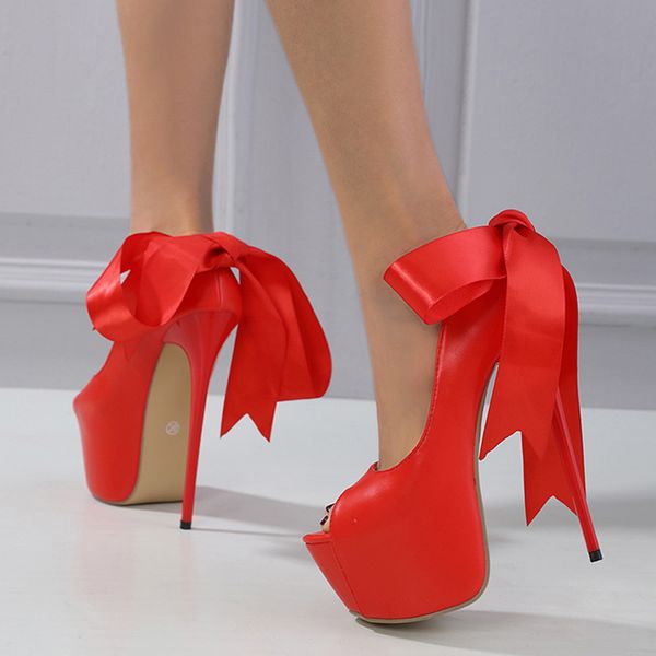 

liyke elegant women party wedding shoes red peep toe 17cm extreme high heels platform pumps lace up bowknot stiletto mujer, Black