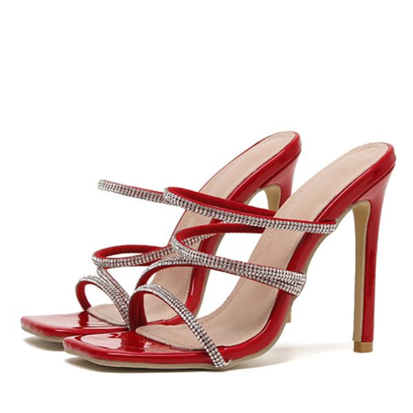 

liyke new design square toe red slippers women fashion crystal narrow band summer sandals ladies high heels wedding shoes pumps, Black