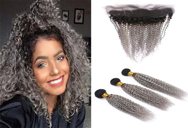 

black to gray ombre curly human hair weave bundles with lace frontal closure kinky curly dark roots grey ombre indian hair and fro7353015, Black;brown
