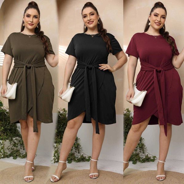 

large size womens dress lace up short sleeve irregular cross casual skirt, Black;gray