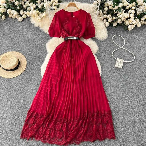 

french chic stunning dress summer womens high grade lightly mature waist lace stitching pleated, Black;gray