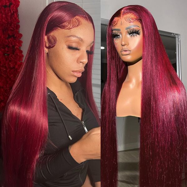

red 13x6 hd lace frontal human hair wigs colored straight 13x4 lace front glueless wig for women 30 34 36 inch, Black;brown