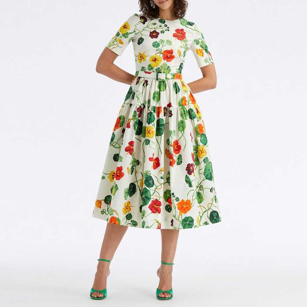 

american designer floral printed holiday new line midi dress, Black;gray