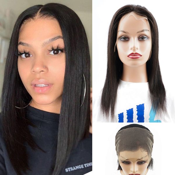 

13*4 lace frontal wig inches straight front lace wigs natural color indian human hair transparent 13x4 lace, Black;brown