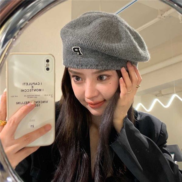 

fashion designer luxury brand super good match for daily use korean knitting letter beret female autumn and winter elastic hat with wool aro, Blue;gray