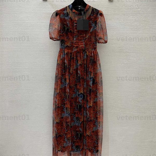 

long dress summer women designers clothing tassel chain decorated maple red retro print waist-skimming bubble sleeve mesh dress designer wom, Black;gray