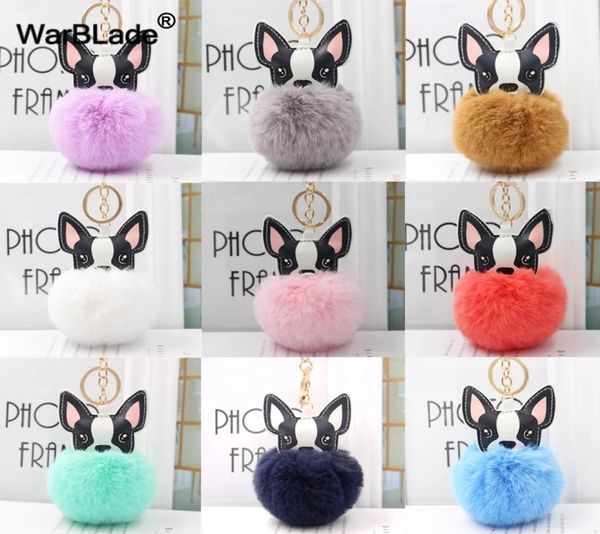 

pompom bulldog keychain fluffy rabbit fur ball key chain leather animal dog keyring women bag car charm9199954, Silver