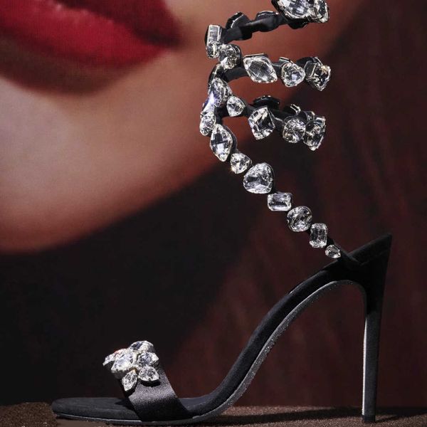 

rene caovilla multicolored diamond sandals luxury designer great crystal rhinestone snakelike feet nude winding stiletto heel womens shoes h, Black