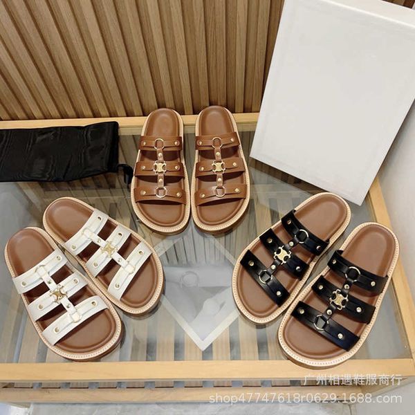 

c family high edition triumphal arch women's 2023 summer new thick sole leather roman sandal flat bottom slippers, Black
