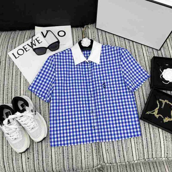 

women's blouses & shirts designer summer new middle ancient style casual versatile contrast polo collar plaid embroidery double c pocke, White