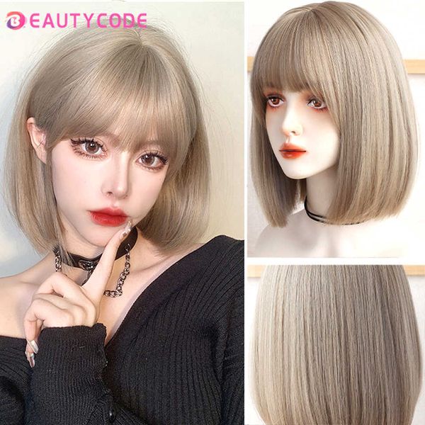 

lace wigs short bobo wig ombre brown blonde gray synthetic wigs with bangs cosplay natural daily hair for women heat resistant z0613, Black;brown