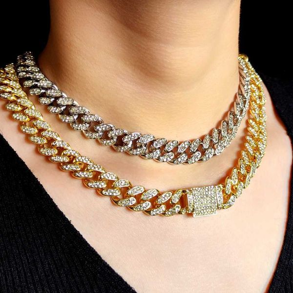 

strands 13mm gold silver color iced out chain miami cuban link necklace for women crystal paved choker hip hop jewelry 230613, Black