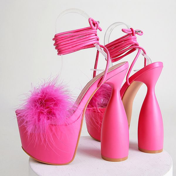 

summer fluffy fur women platform chunky sandals fashion runway strange extrem high heels pumps open toe lace-up pole dance shoes, Black