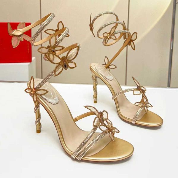 

rene caovilla margot crystal gold butterfly sandal 95mm stiletto women evening dress shoes serpentine wraparound wedding shoes luxury design, Black