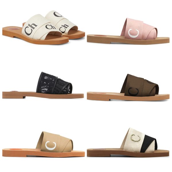 

designer sandals women luxury slides woody for mules flat slides light tan beige white black pink lettering fabric canvas slippers womens cr