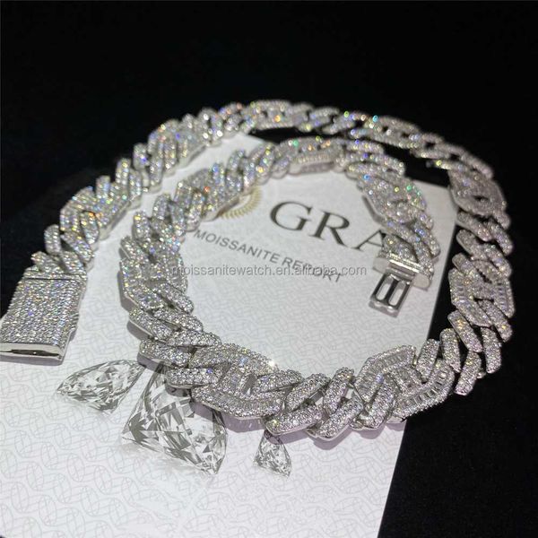 

baguette moissanite jewelry gold plated hip hop men jewelry 925 silver vvs moissanite 15mm cuban chain iced out cuban necklace