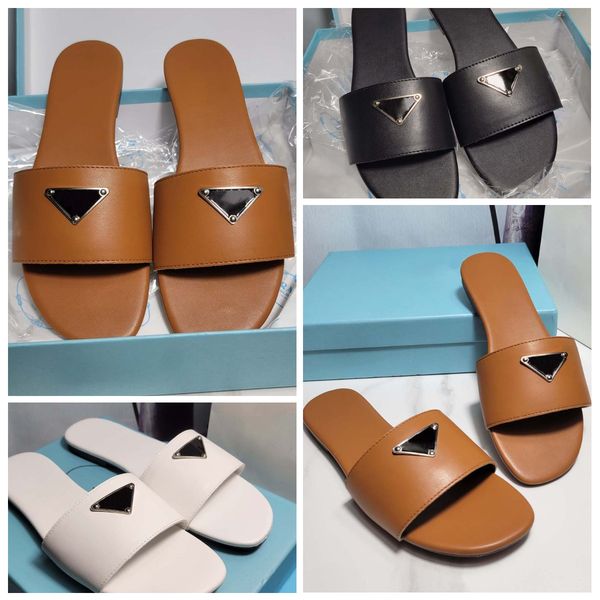 

designer slides open toed flat slippers for women's diamond metal buckle casual slippers genuine triangle leather beach fashion summer, Black