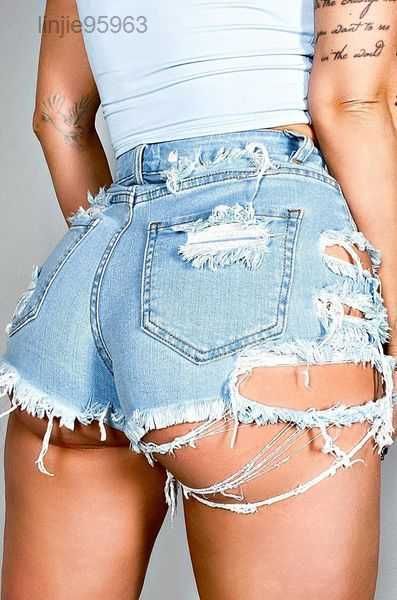 

plus size light blue ripped cut out denim shorts with tassel women streetwear high waist hollow hole jean female jeans 18h0s{category}