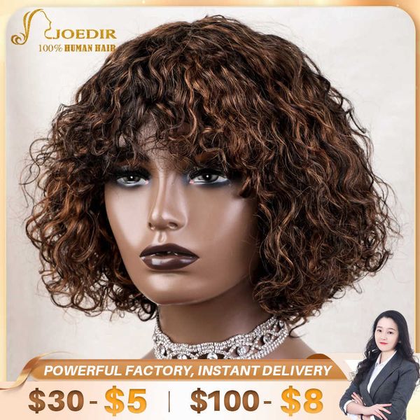

lace wigs joedir short natural pixie bob jerry curly cut human hair wigs with bangs brazilian human wig highlight colored wigs for women z06, Black;brown