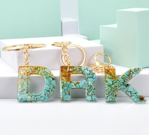 

trendy letter pendant keychain resin epoxy bag pendant creative popular green stone gold foil key chain key ring whole9329463, Silver