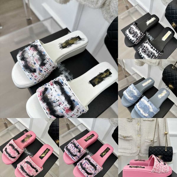 

platform slippers plaid tweed logo slides vintage embroidery c letters slip on mule women lady sandals designer summer shoes thick soled fla, Black