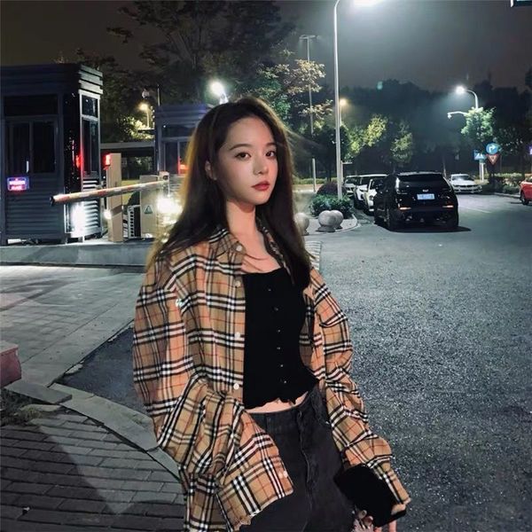 

shirt women's long sleeve casual shirt plaid style design sense loose clothes s-xl, White