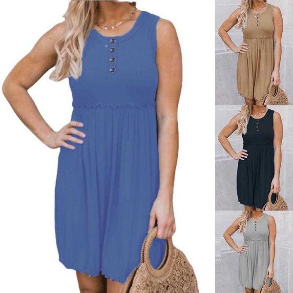 

summer solid color fashion womens dresses round neck button sleeveless dress, Black;gray
