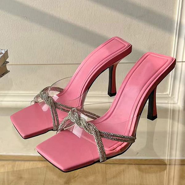 

liyke summer fashion design crystal pvc transparent women slipper square toe thin high heel ladies dress party mules slide shoes, Black