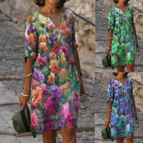 

summer womens dress fashion floral printed v neck mid length, Black;gray