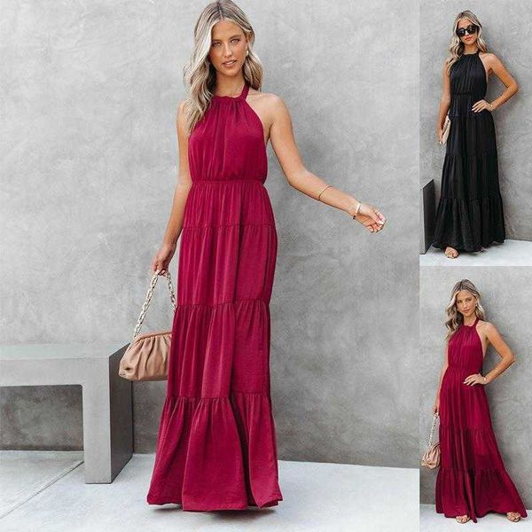 

summer elegant halter long solid color dress tiered for women, Black;gray