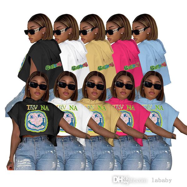 

designer womens t shirt fashion summer smiling face printed graphic tee hooded short-sleeved hoodie t-shirt crop for women, White