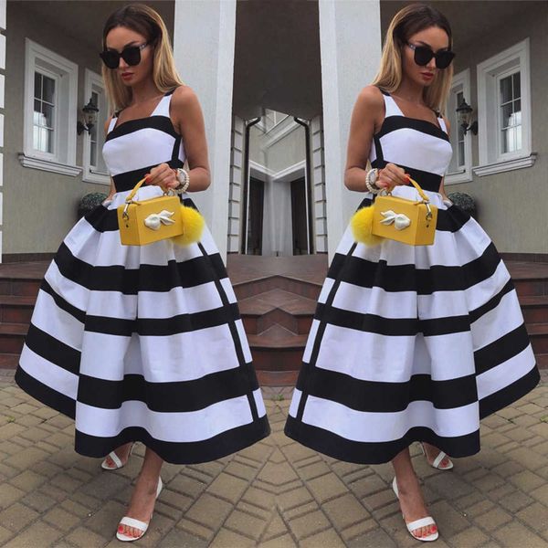 

casual dresses women elegant off shoulder long party dress summer striped print sleeveless fashion chic a-line suspender beach, Black;gray