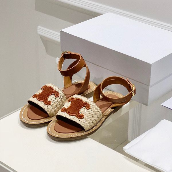 

lympia flat slides raffia sandals triomphe embellished ankle strap open toe luxury designer for women summer flats gladiator sandal factory, Black
