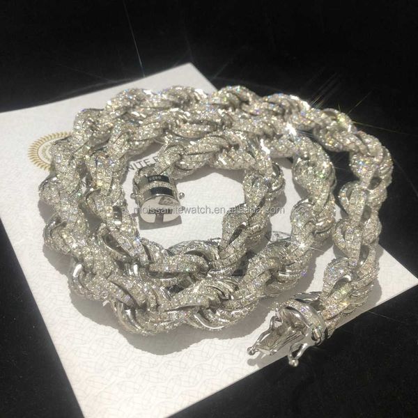 

wholesale jewelry hip hop necklace silver moissanite 12mm fried dough twists chain hip hop men's necklace