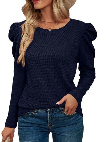 

women long sleeve pleated round neck solid waffle, White