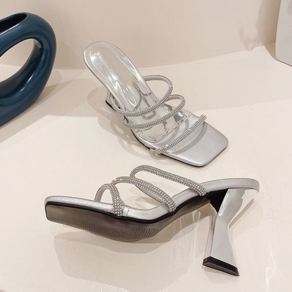 

liyke fashion silver crystal rhinestone women slippers summer square toe strange high heels sandals female shoes pumps slides, Black