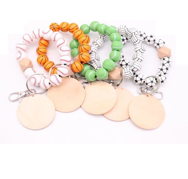 

2022 trendy design monogram disc wristlet keychain wooden beaded softball baseball print sport bracelet9106481, Silver