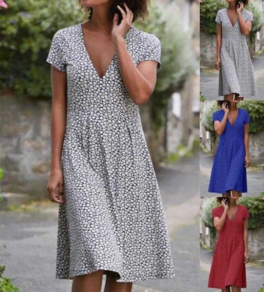 

summer printed short sleeved v neck dress polka dot womens midi, Black;gray