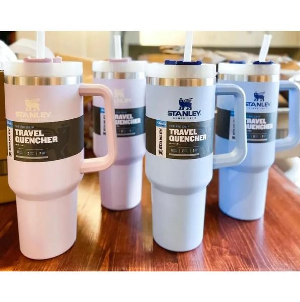

with logo pink stanley 40oz mugs tumblers with handle insulated tumbler lids straw stainless steel coffee termos cup ready to ship