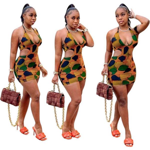 

womens clothing hollow casual dresses midriff outfit printed sleeveless halter tied dress fashion short skirt, Black;gray