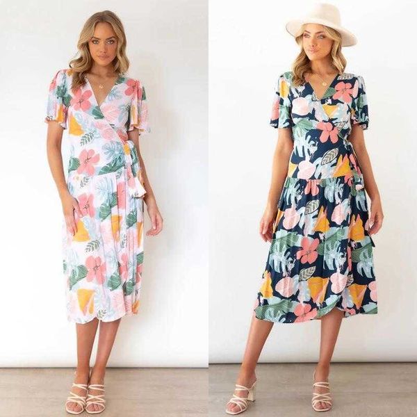 

v neck lace up irregular dresses short sleeved printed dress for women, Black;gray