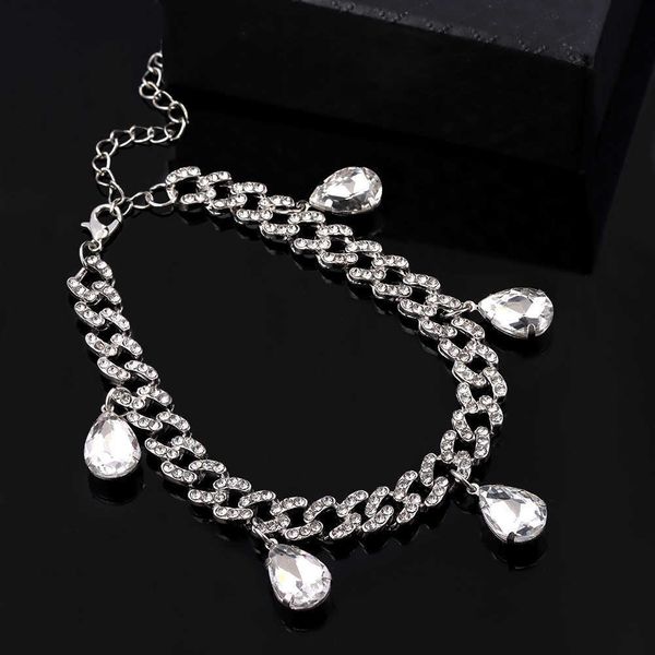 

anklets silver color transparent crystal stone chunky metal chain anklets jewelry wholesale rhinestone miami cuban anklet bracelet women 230, Red;blue