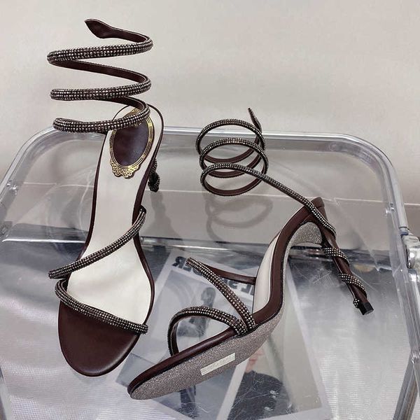 

rene caovilla crystals embellished designer sandals heel women luxury rhinestone high heels 9.5cm ankle wraparound summer cleo evening shoes, Black