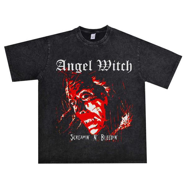 

british heavy metal rock angel witch band washed t-shirt short sleeve men women, White;black