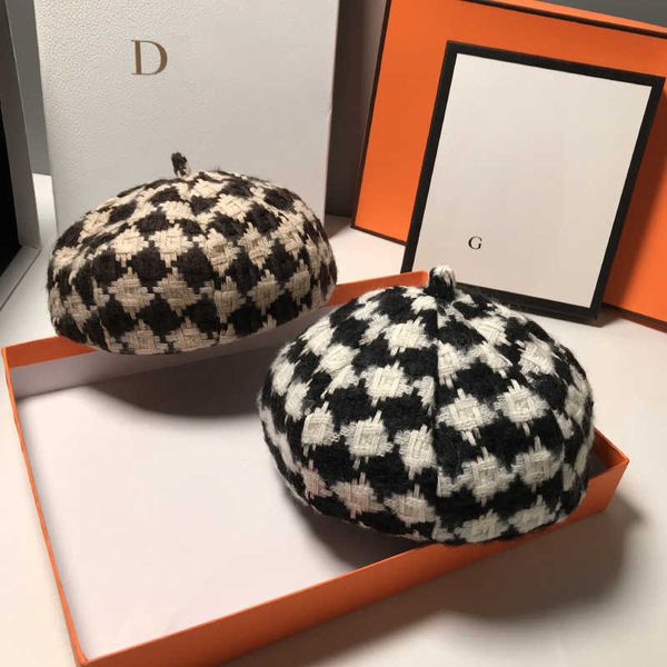 

fashion newsboy cap designer luxury beret super tweed plaid beret warm in autumn and winter sweet pumpkin hat net red faced tabloid children, Blue;gray
