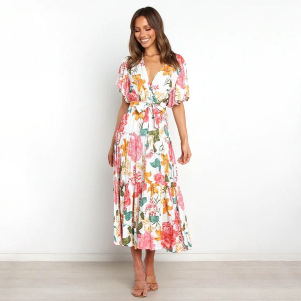 

casual floral print maxi dress women summer 2022 fashion short sleeve v neck high waist long dresses elegant robe, Black;gray