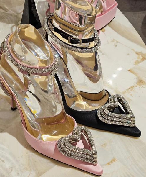 

mach&mach triple heart women sandals shoes pointed toe pumps crystal strap high heels party wedding lady elegant summer sandalias eu35-42, Black